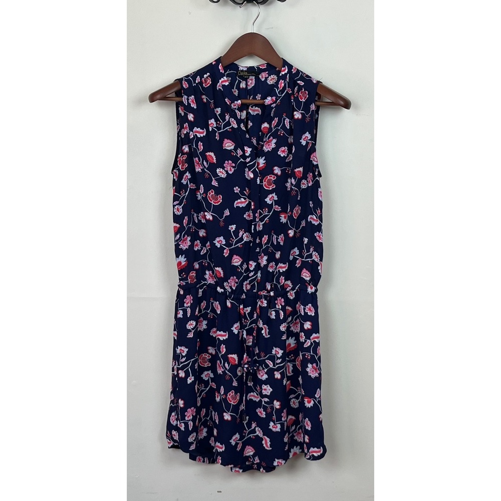 Dalia Navy Blue Floral Sleeveless Romper V-Neck Drawstring Waist Size 4
